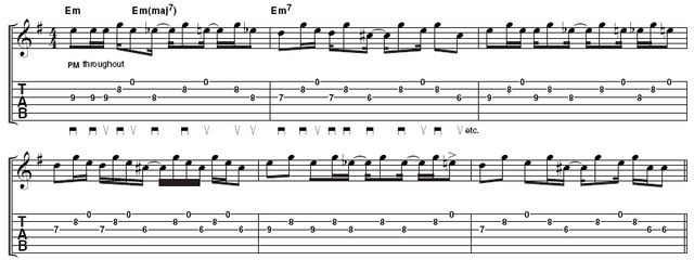 Example 2 - rhythm variation: There’s a lot of variety here, so you may want to start with each two bar phrase. Once you have learned these, it’s a question of coming up with your own ideas. Notice how the first of each E, Eb, D and C# all occur at the same time in each bar. This should provide you with a basic rhythm over which you can improvise.